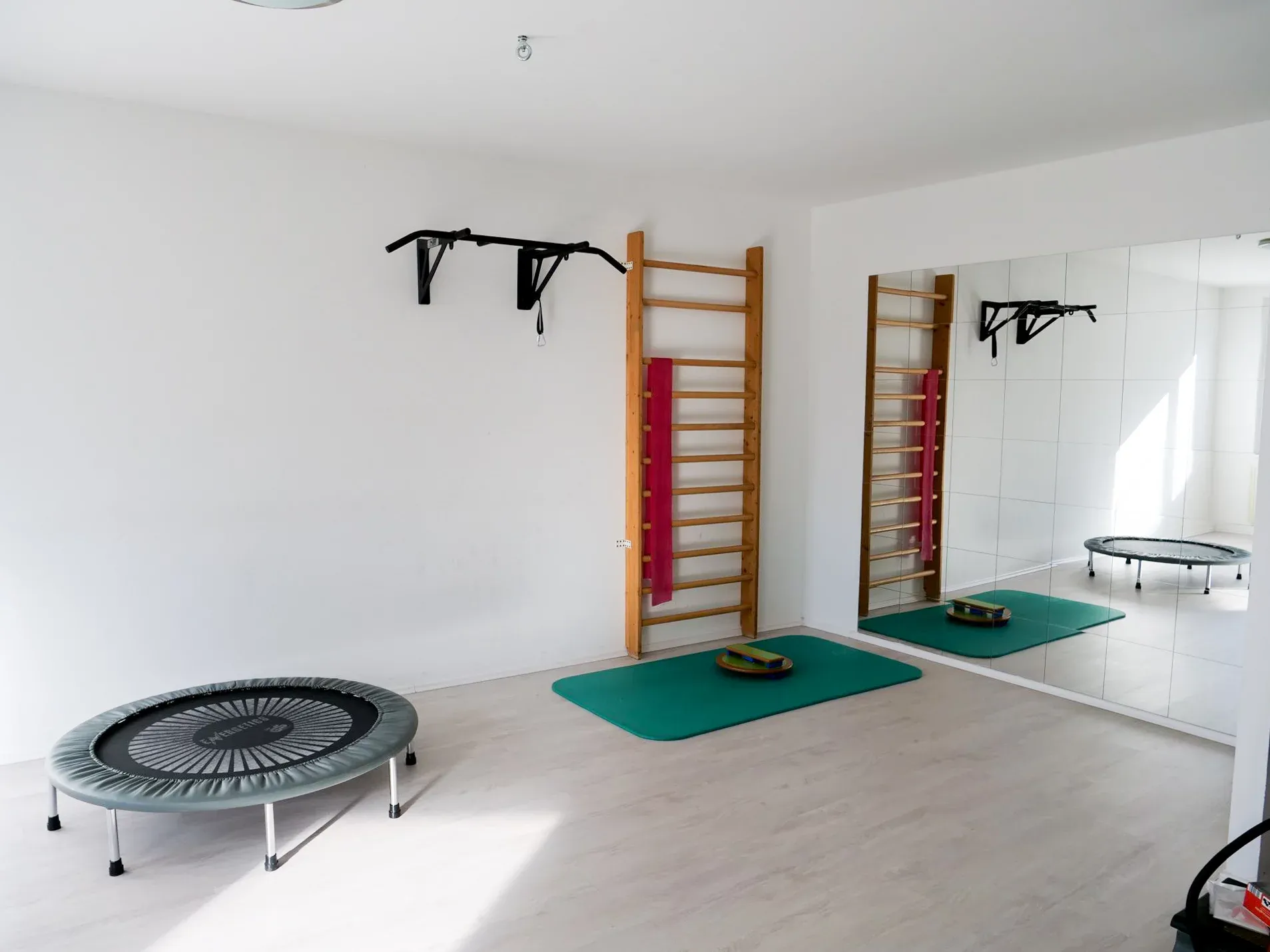 Heller Bewegungsraum mit Sprossenwand, Trampolin und Matten