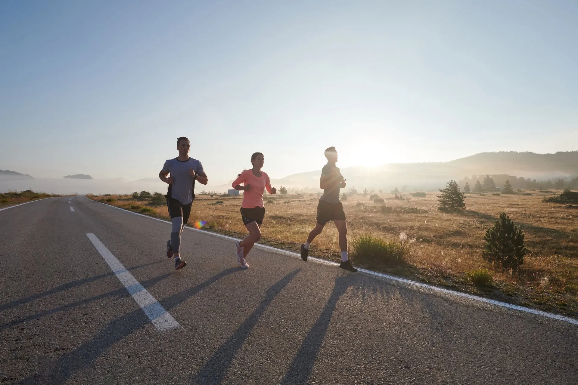 Drei Läufer:innen joggen im Morgenlicht eine Landstraße entlang